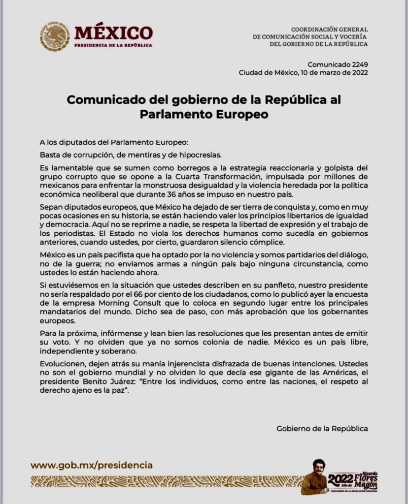 AMLO manda comunicado al Parlamento Europeo y los tacha de “borregos”