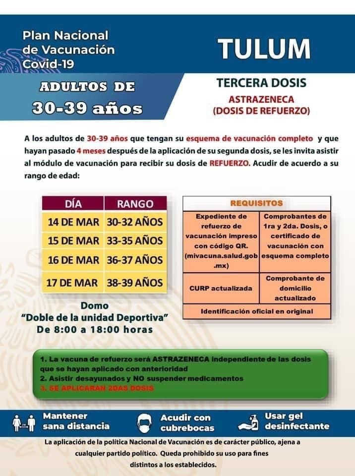 ¿Tienes 18 a 39 años? Ya podrás recibir la tercera dosis de Covid-19 en estos municipios de Quintana Roo